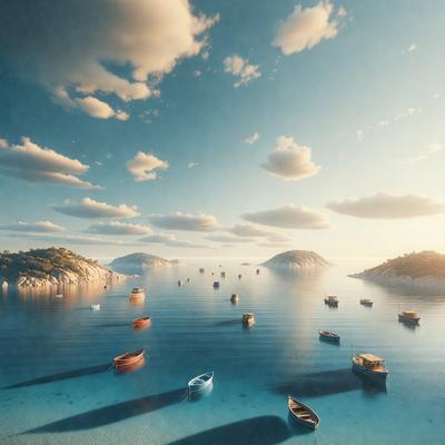 The primary subject of the image is a large body of water with numerous boats floating on it. The setting is a beautiful blue ocean with a few clouds in the sky. The visual style of the image is a combination of photo and digital art, creating a realistic yet artistic representation of the scene. The colors and mood of the image are predominantly blue and serene, with the boats and water creating a sense of tranquility and freedom.